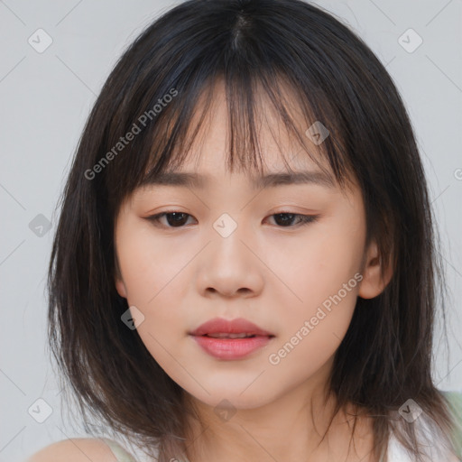 Neutral asian young-adult female with medium  brown hair and brown eyes