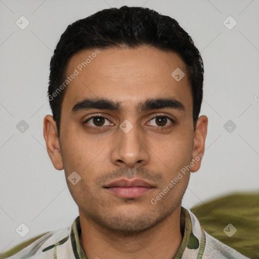 Neutral latino young-adult male with short  black hair and brown eyes