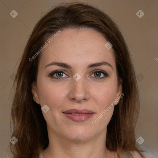 Joyful white young-adult female with long  brown hair and grey eyes