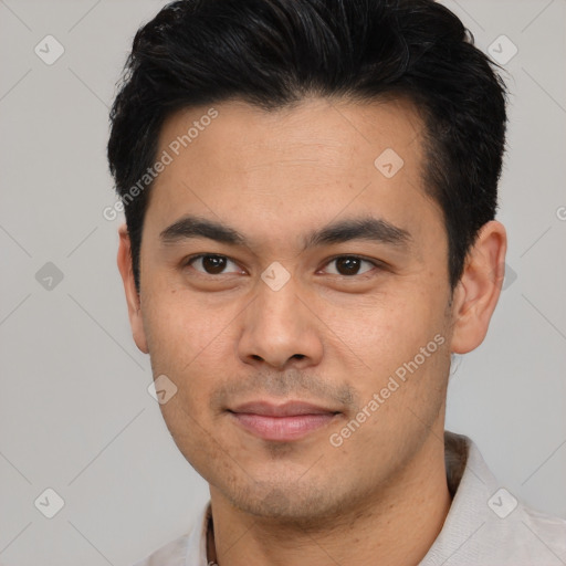 Neutral asian young-adult male with short  black hair and brown eyes