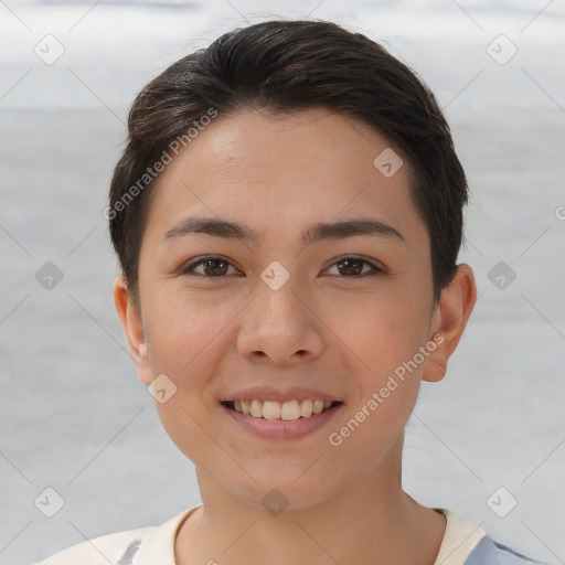 Joyful white young-adult female with short  brown hair and brown eyes