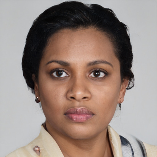 Neutral latino young-adult female with medium  black hair and brown eyes