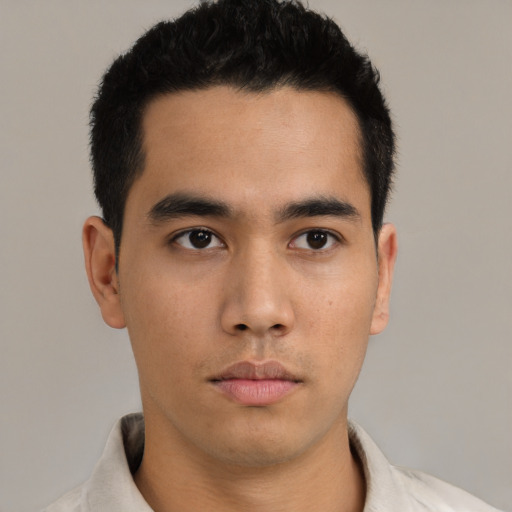 Neutral asian young-adult male with short  black hair and brown eyes