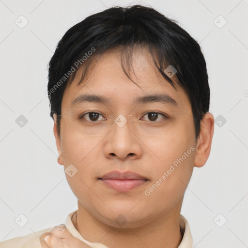 Neutral asian young-adult male with short  brown hair and brown eyes