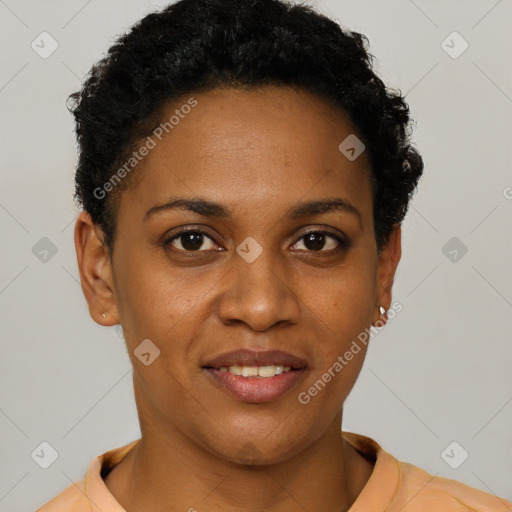 Joyful black young-adult female with short  brown hair and brown eyes