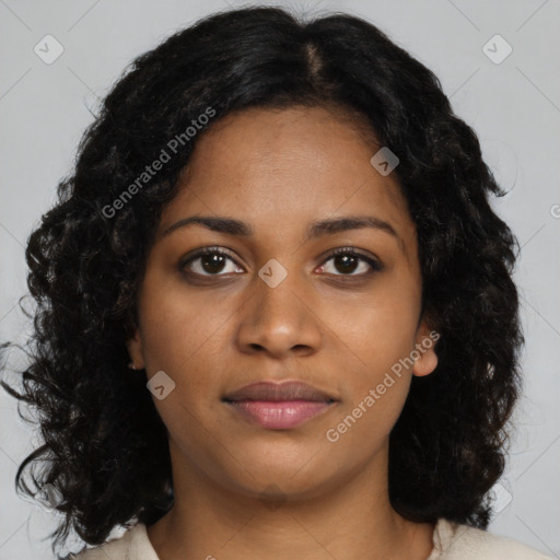 Joyful black young-adult female with medium  black hair and brown eyes