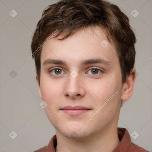 Neutral white young-adult male with short  brown hair and grey eyes