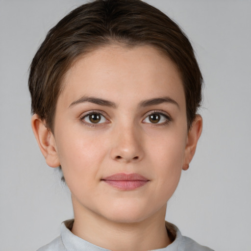 Neutral white young-adult female with short  brown hair and brown eyes