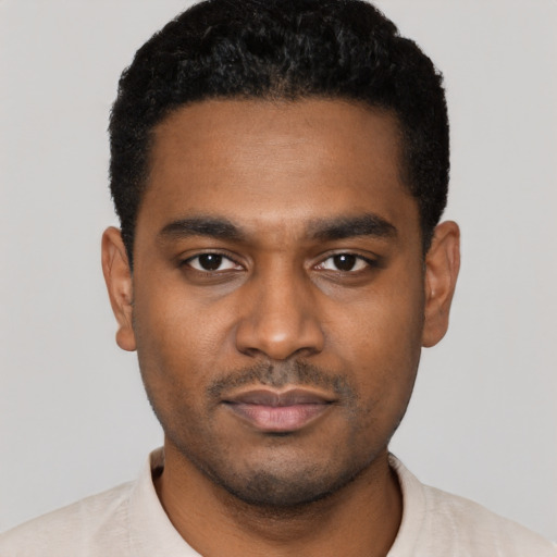 Neutral black young-adult male with short  black hair and brown eyes