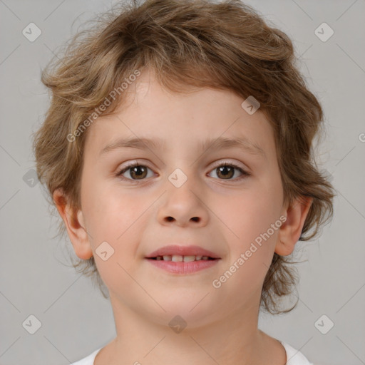 Joyful white child female with medium  brown hair and brown eyes