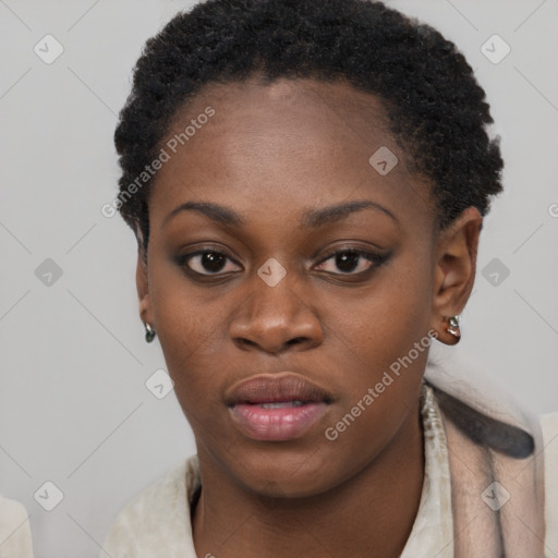 Neutral black young-adult female with short  brown hair and brown eyes