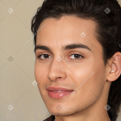 Joyful white young-adult male with medium  brown hair and brown eyes