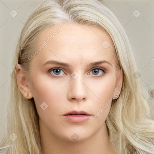 Neutral white young-adult female with long  brown hair and blue eyes