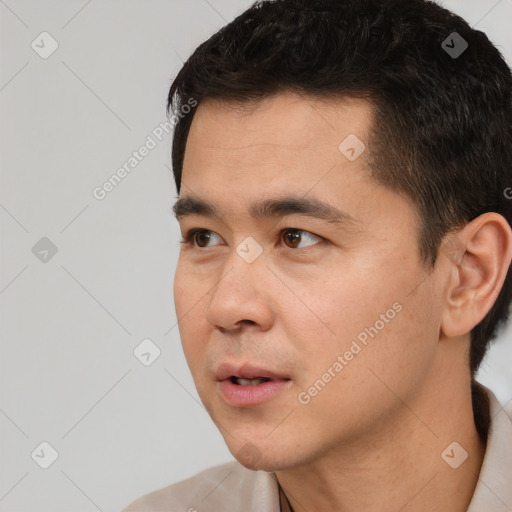 Neutral white young-adult male with short  black hair and brown eyes