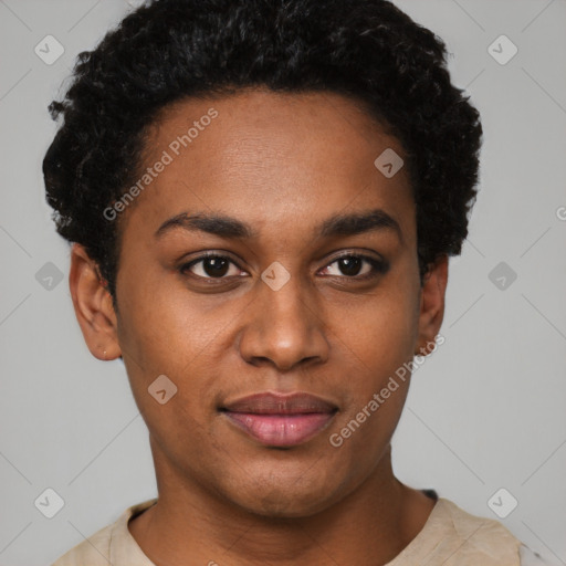 Joyful latino young-adult female with short  black hair and brown eyes