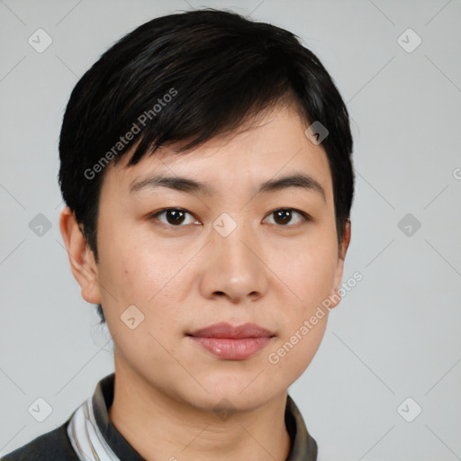 Neutral asian young-adult male with short  black hair and brown eyes