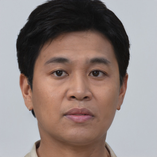 Joyful asian young-adult male with short  black hair and brown eyes