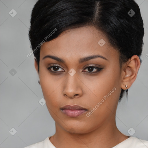 Neutral asian young-adult female with short  brown hair and brown eyes