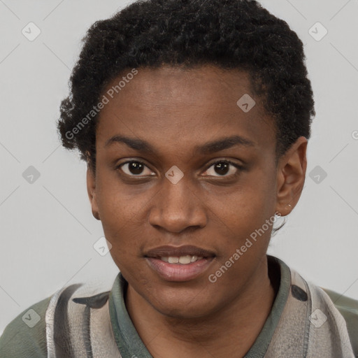 Joyful black young-adult male with short  brown hair and brown eyes