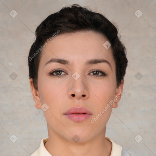 Neutral white young-adult female with short  brown hair and brown eyes