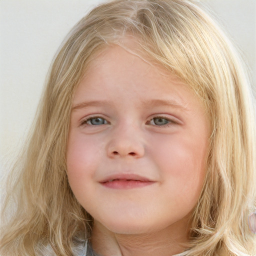 Joyful white child female with medium  brown hair and blue eyes