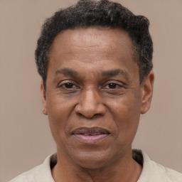 Joyful black adult male with short  black hair and brown eyes