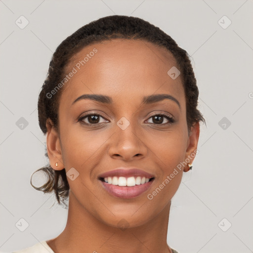 Joyful latino young-adult female with short  brown hair and brown eyes