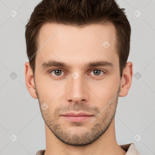 Neutral white young-adult male with short  brown hair and brown eyes