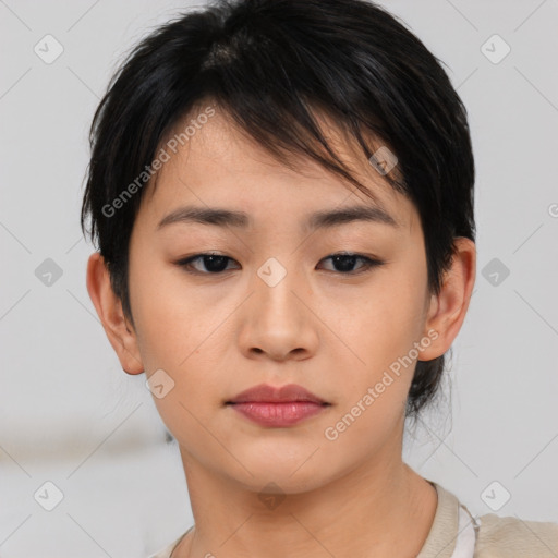 Neutral asian young-adult female with short  black hair and brown eyes