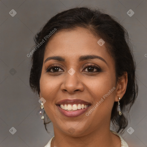 Joyful latino young-adult female with long  brown hair and brown eyes