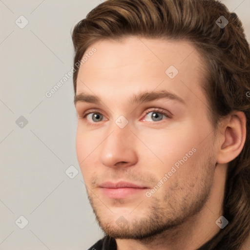 Neutral white young-adult male with short  brown hair and grey eyes