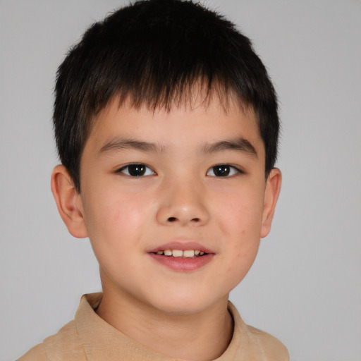 Joyful asian child male with short  brown hair and brown eyes