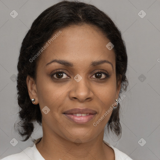 Joyful black young-adult female with medium  brown hair and brown eyes