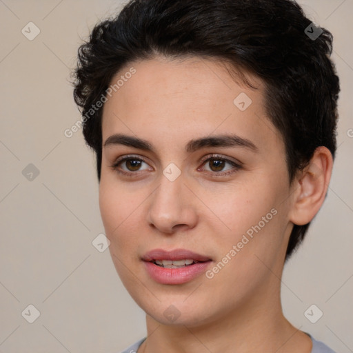 Joyful white young-adult female with short  brown hair and brown eyes