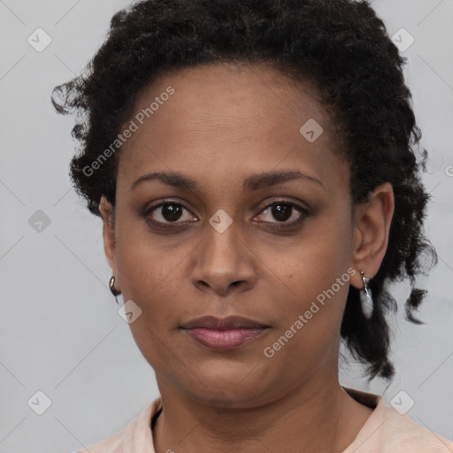 Neutral black young-adult female with short  black hair and brown eyes