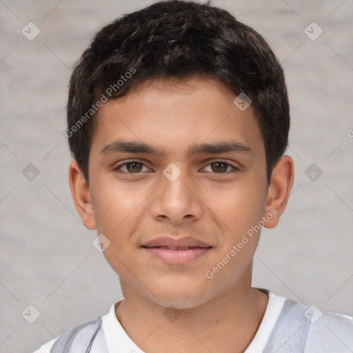 Joyful white child male with short  brown hair and brown eyes