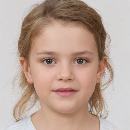 Neutral white child female with medium  brown hair and grey eyes