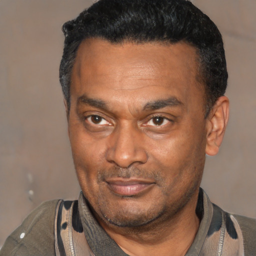 Joyful latino adult male with short  black hair and brown eyes