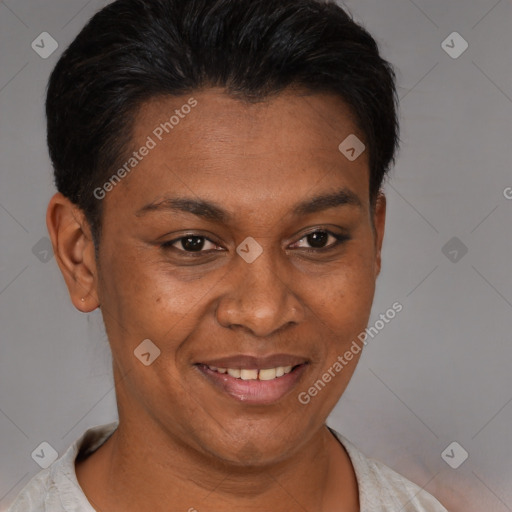 Joyful black adult female with short  brown hair and brown eyes