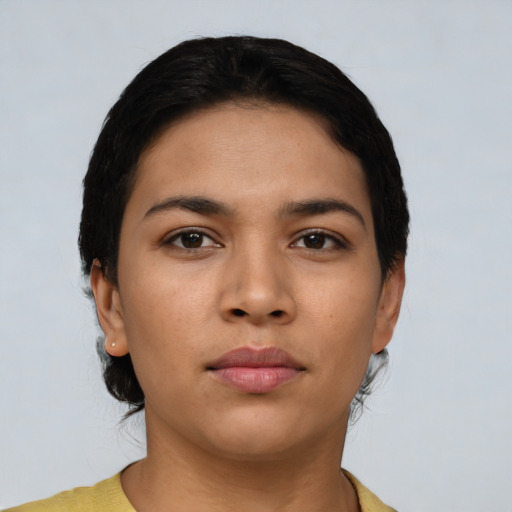 Neutral asian young-adult female with short  black hair and brown eyes