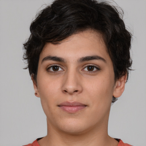 Neutral white young-adult female with short  brown hair and brown eyes