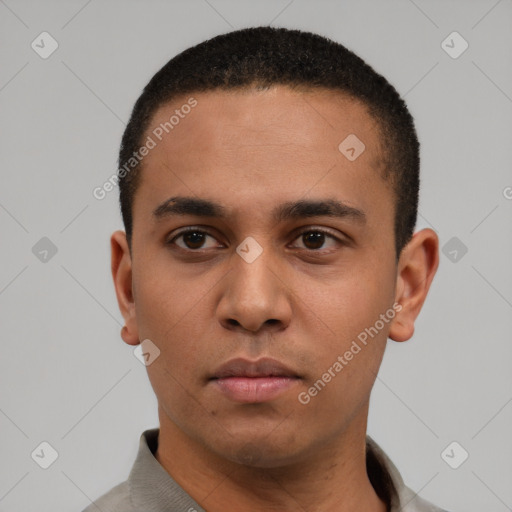 Neutral latino young-adult male with short  black hair and brown eyes