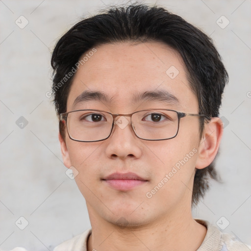 Neutral asian young-adult male with short  brown hair and brown eyes