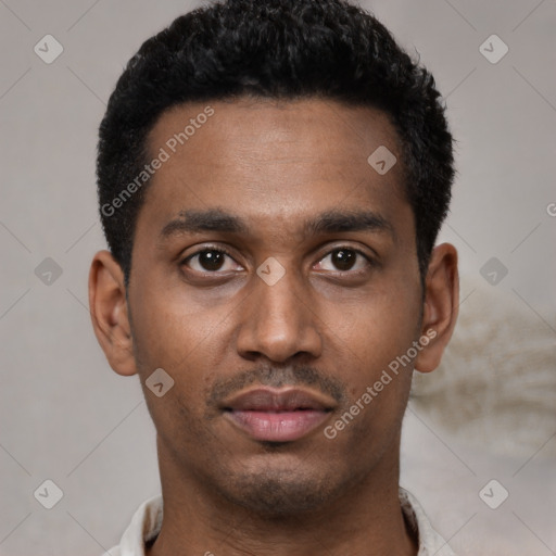 Neutral latino young-adult male with short  black hair and brown eyes