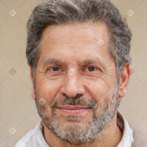 Joyful white middle-aged male with short  brown hair and brown eyes