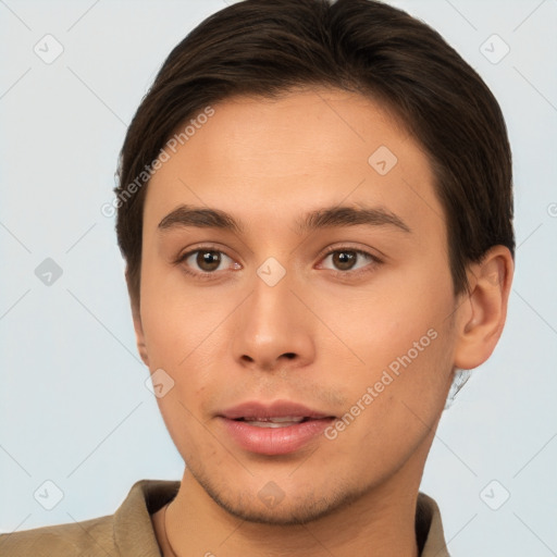 Neutral white young-adult male with short  brown hair and brown eyes