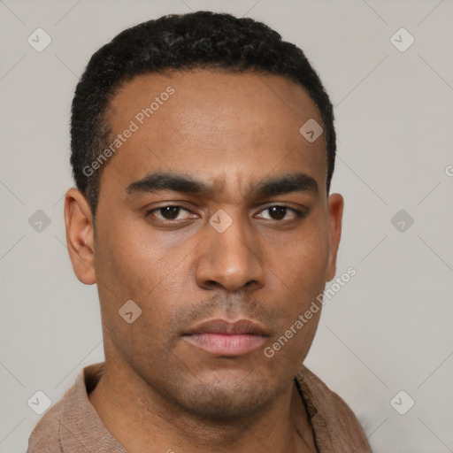 Neutral latino young-adult male with short  black hair and brown eyes