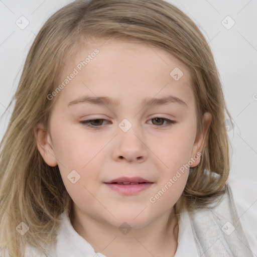 Joyful white child female with medium  brown hair and brown eyes