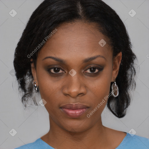 Joyful black young-adult female with medium  black hair and brown eyes