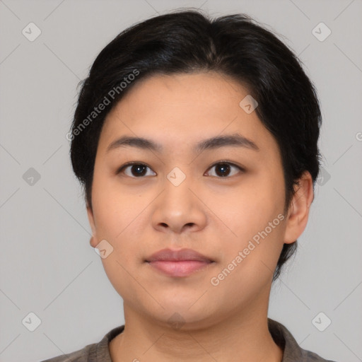 Neutral asian young-adult female with medium  black hair and brown eyes